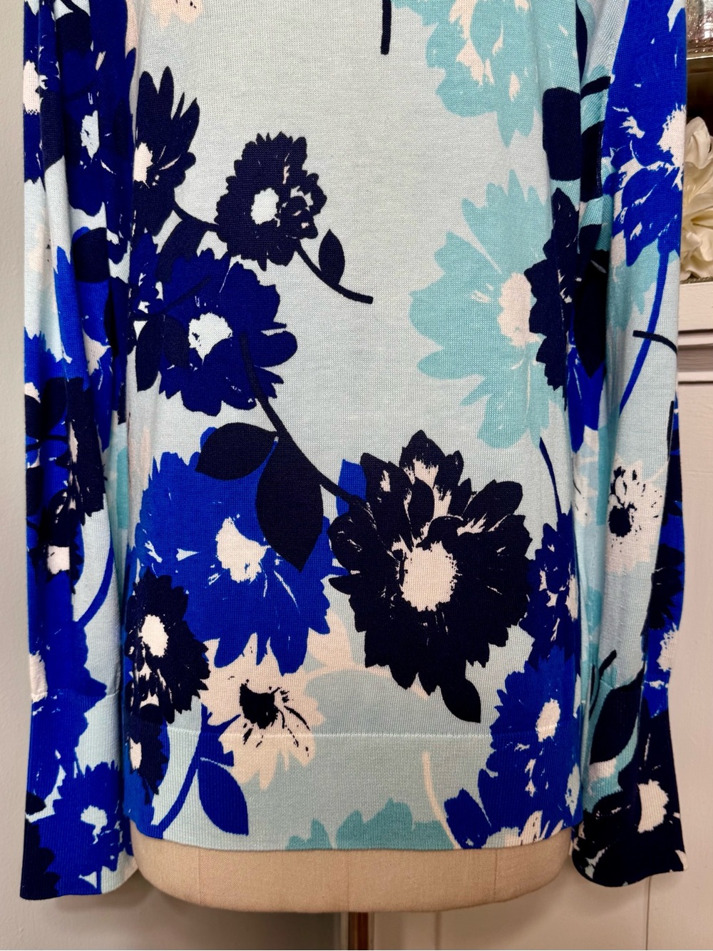 Talbots Blue Abstract Floral Puff Sleeve Sweater Lightweight Cotton Size XL - Picture 8 of 12